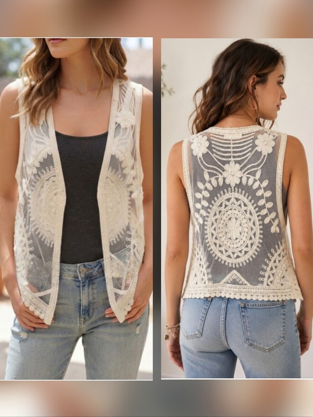 HONEYLEE Cream Crochet Lace Vest - Boho Lightweight Layer - Size Medium NWOT